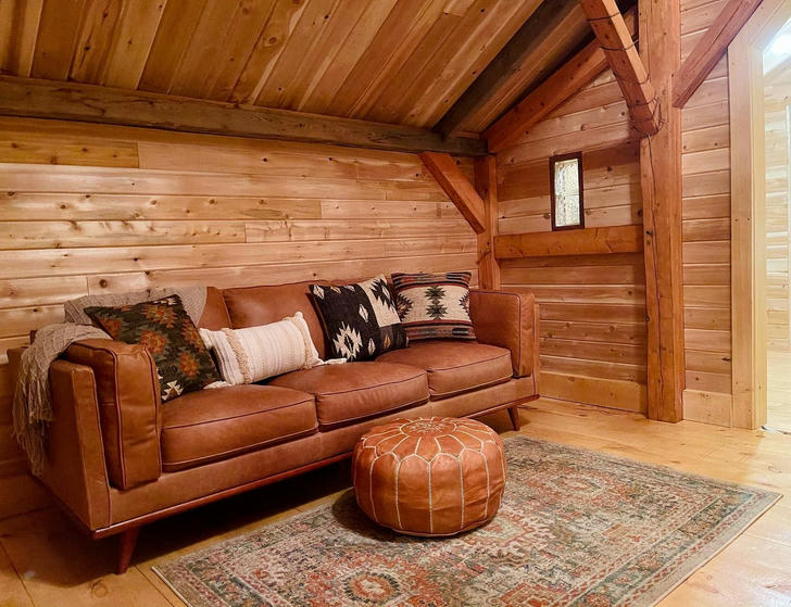 Tiny wooden cabin living room
